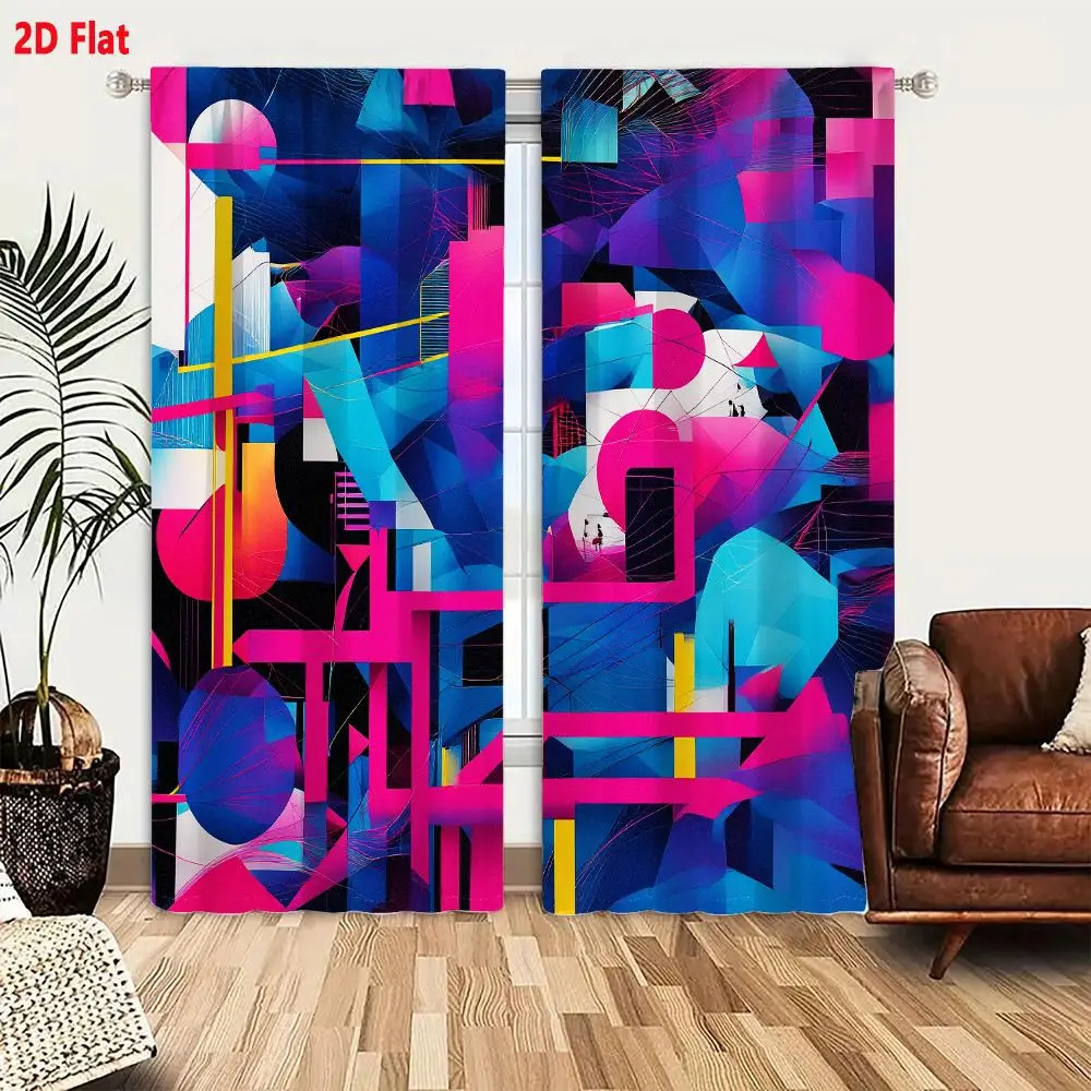 2Pcs Curtains 2D Flat Abstract Geometric Digital Artwork Vibrant High-Contrast Shapes Pink Blue Yellow Black Backdrop Dynamic Ch
