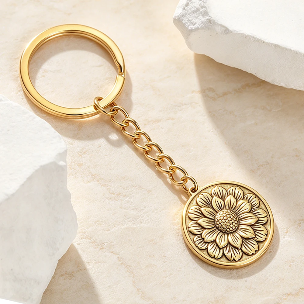 Vintage Sunflower 3D Relief Keyring Floral Embossed Brass Medallion Coin Pendant Stainless Steel Key Chain for Bag Accessory