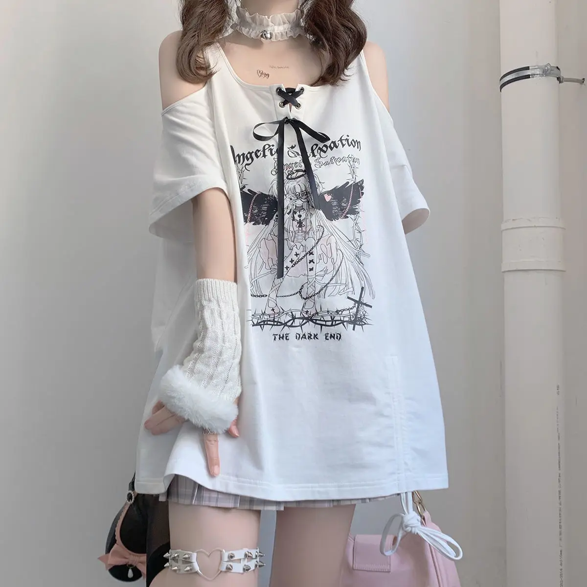 Harajuku Cartoon Print Kawaii T-shirt Women Off Shoulder Graphic T Shirts Fairy Grunge Y2k Aesthetic Tee Shirts Gothic clothing