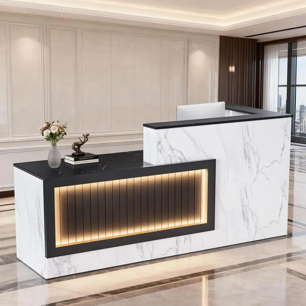 Large 71 L-Shaped Office Desk with Storage, Lockable Cabinet, Shelves - Black & White with Lighting, Left-Sided