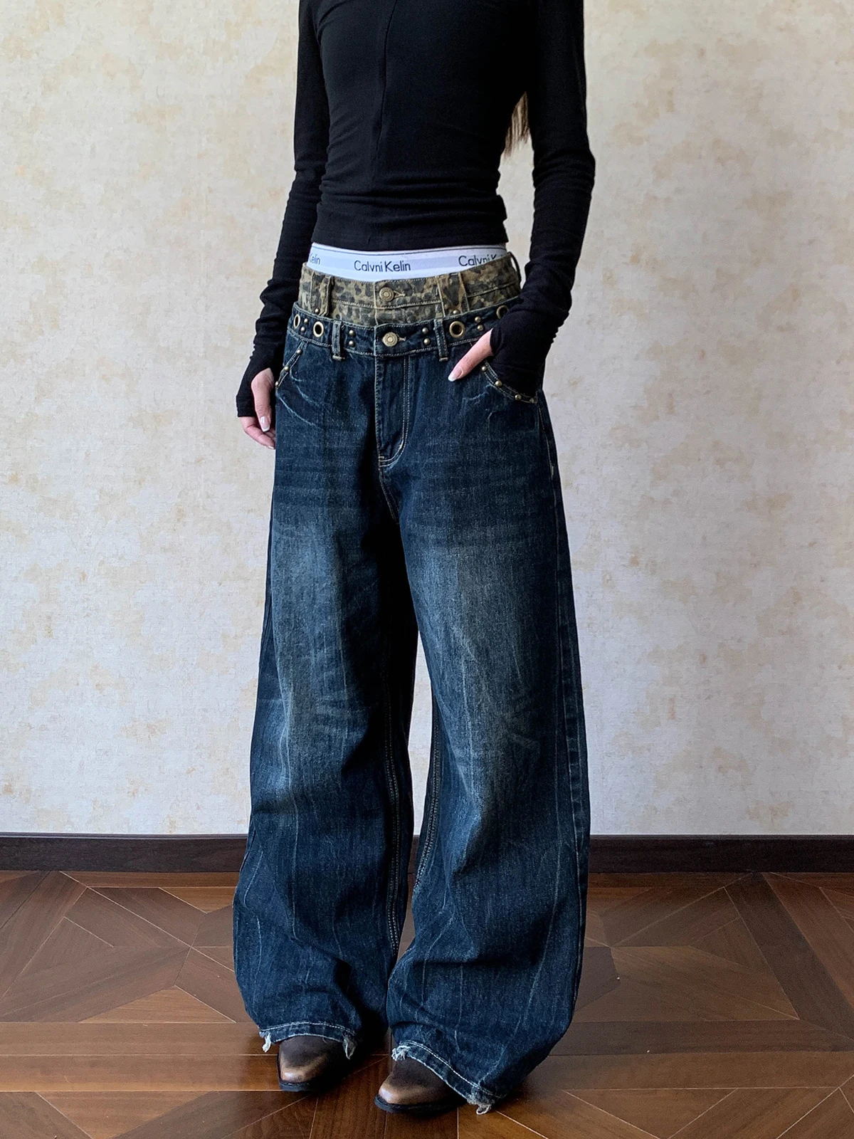 

Aket American Light Vintage Leopard Print Double Waist Jeans Rivet Design Slim Wide Leg Long Trousers Women's Casual Jeans