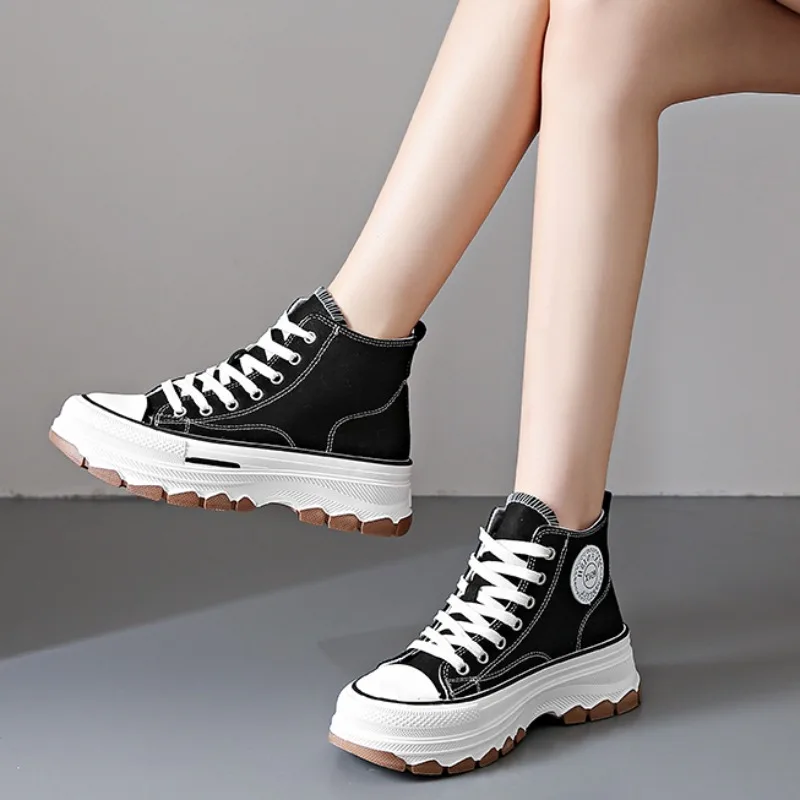 Women High Top Sneakers Lace-Up Casual Plarform Height Canvas Non-slip Wear Resistant 2024 Spring Female Vulcanize Shoes