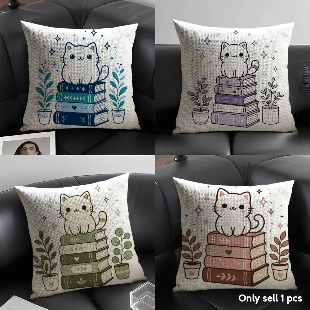 The Cat on the Book Cushion Cover Breathable Linen Organic Fabric Double-Sided Printing Sofa Pillow Case Home Decor