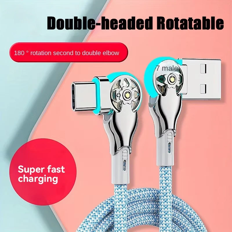 Fast Charging Cable 180 Degree Elbow Rotation PD 30W USB A Type C Cable With Light Portable Zinc Alloy Braided Data Cable