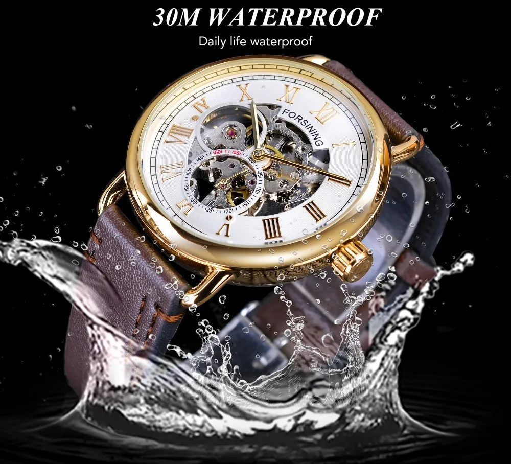 Fashion Forsining Top Brand Men\'s Casual Classic Popular Hollow Waterproof Handwinder Automatic Mechanical Leather Wrist Watches