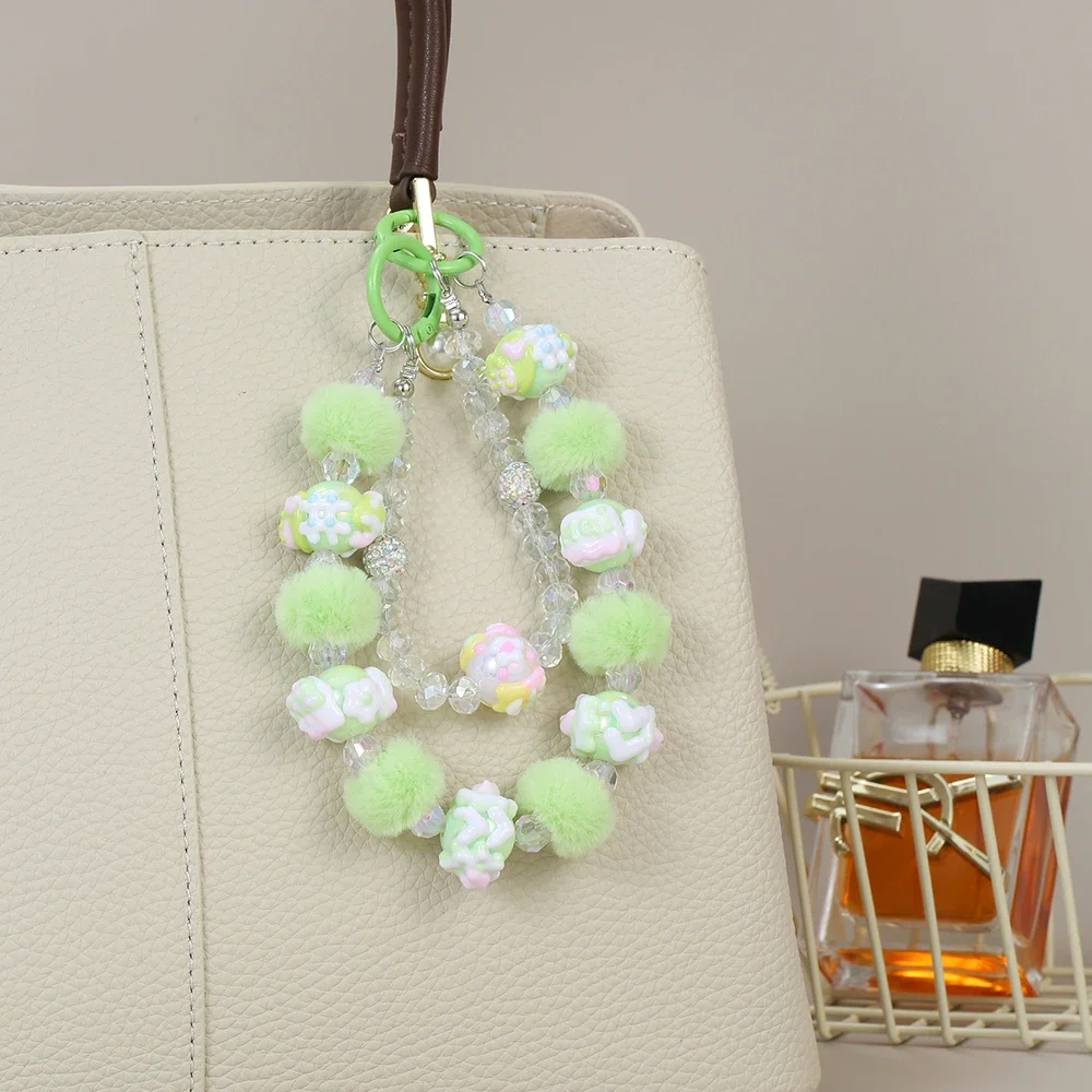 Cute Mobile Phone Keychain with Multi-color Round Beads Pearls Mobile Phone Accessories Bags Decorations Pendants Gifts