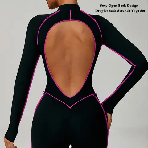 VITALINOVO 여성 긴 소매 운동 점프 슈트 지퍼 업 Romper Bottom Pants 내장 브래지어 바디 슈트 Bodycon 섹시한 원피스 Colorblock