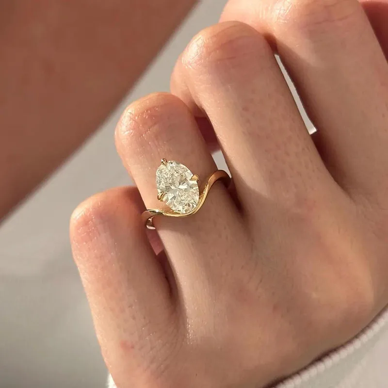 IGI Certificate 2.5Ct EF/VS Oval Cut CVD&HPHT Lab Grown Diamond Curved Solitaire Ring 14K Gold Unique Curved Band Ring
