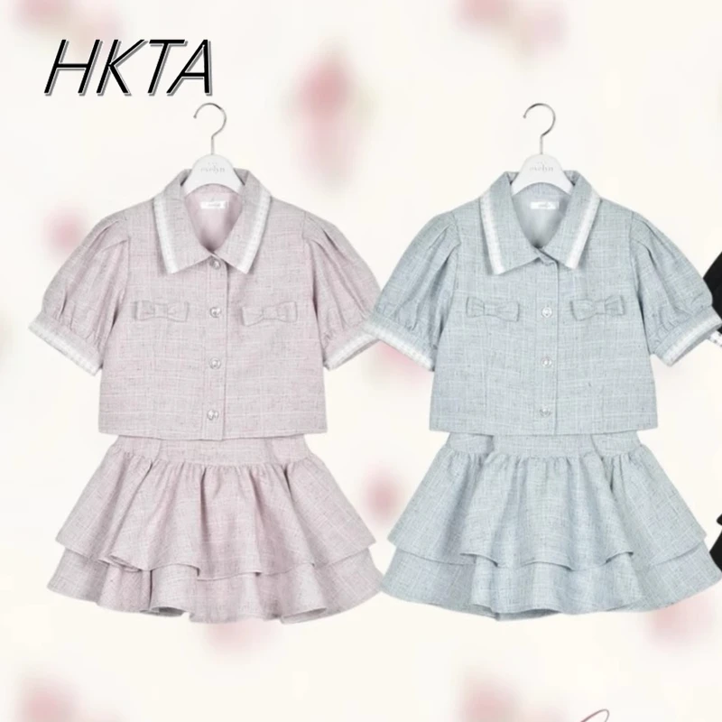 

Japanese Mines Set Women Sweet Girl Cute Bow Bubble Short Sleeve Top Pleated Skirt Summer New College Style Skirt Womens Outifit