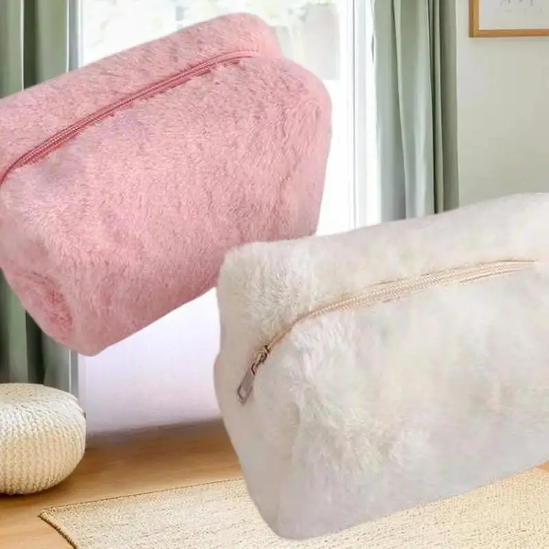 Sweet Plush Beauty Bag for Women Compact Travel Cosmetic Cases Unicolour Zip-up Toiletry Packets Shower Pouch Storage Sacks