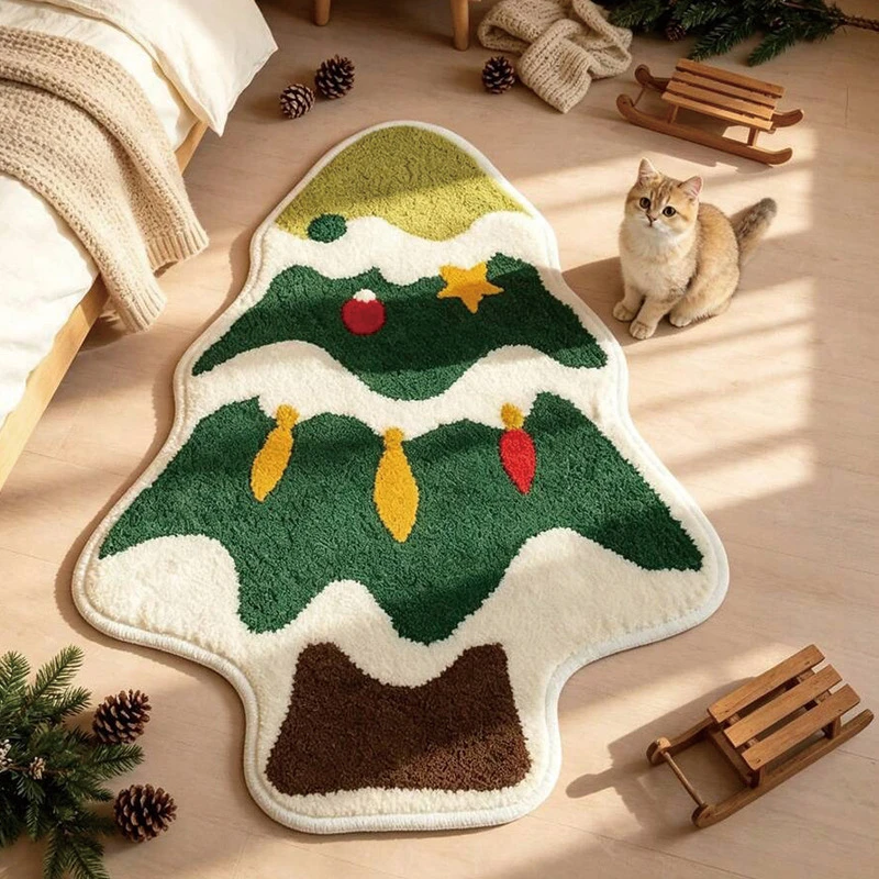VIKAMA Green Tree Star Shape Flannel Accent Rug Non Slip Soft Mat for Fall Christmas Cute Animal Shaped Decorative Home Decor