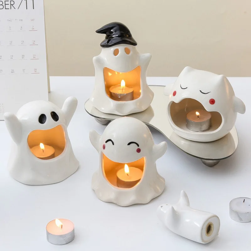 Halloween Candle Holder Ceramics Ghost Candlestick Scented Candle Holder Floatinging Tea Lights Candlestick Table Decoration