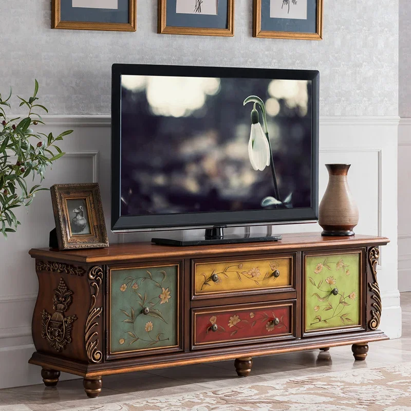 

European coffee table solid wood TV cabinet American carved floor cabinet retro gold painting living room