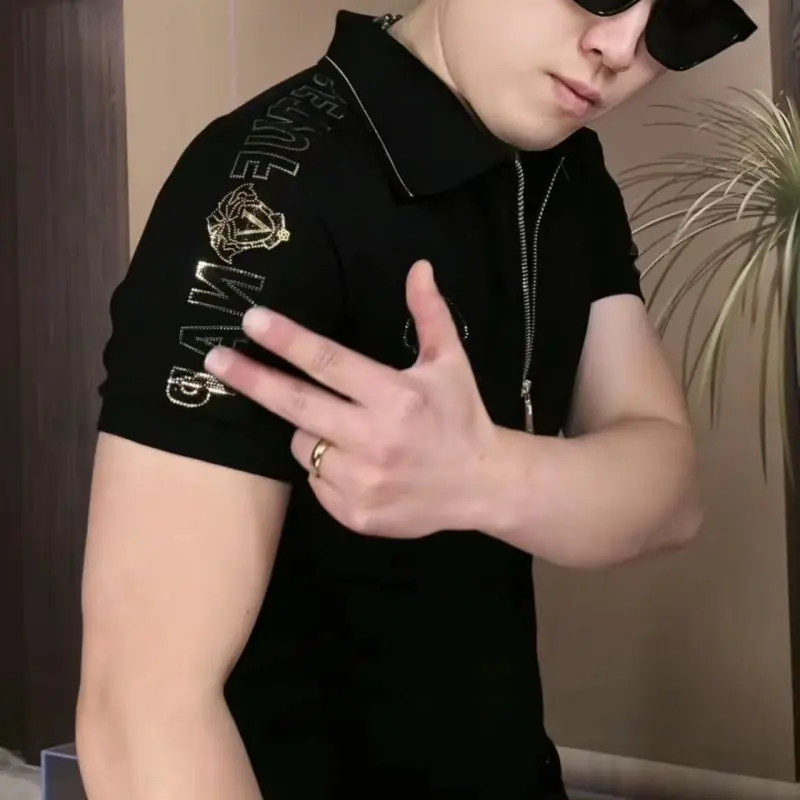 New Men's Summer Men's Short-sleeved T-shirt Lapel Casual Clothes Men's Printed Semi-zipper Top image 3