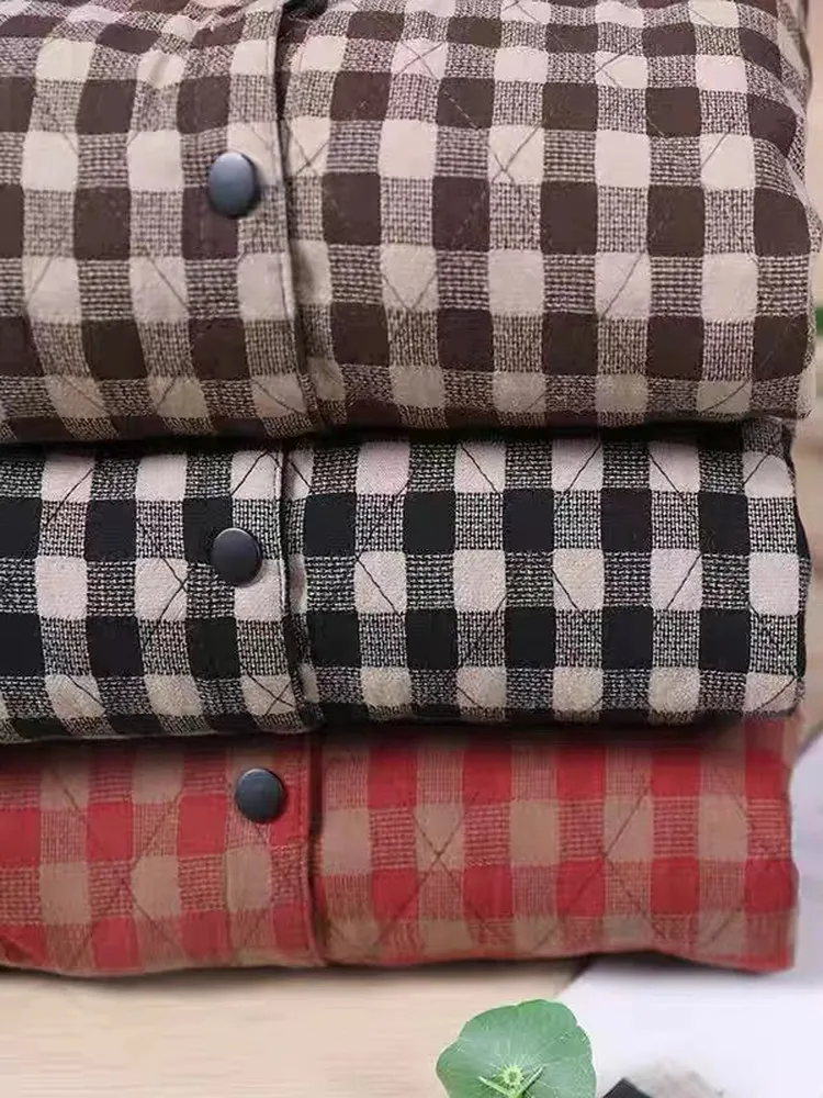 سترة قطنية سميكة للنساء لفصلي الخريف والشتاء، معطف مربعات بأزرار، تصميم عصري فني بأكمام طويلة وغطاء للرأس