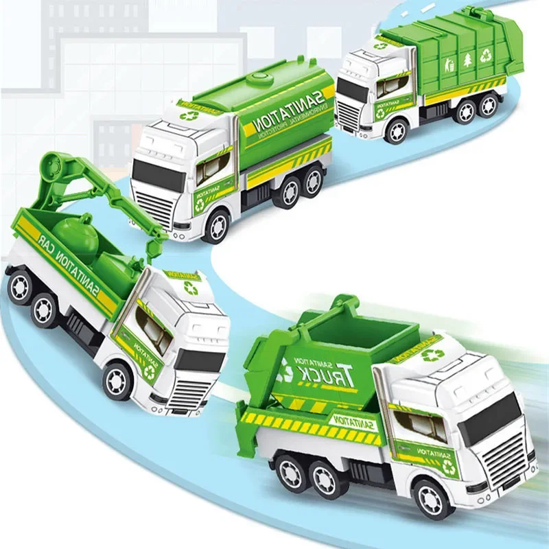 Mini véhicule en plastique à nervures inertielles pour enfants, modèle de camion à ordures, voiture d'assainissement arrière, jouet pour garçon, cadeaux d'anniversaire, ensemble de 4 pièces