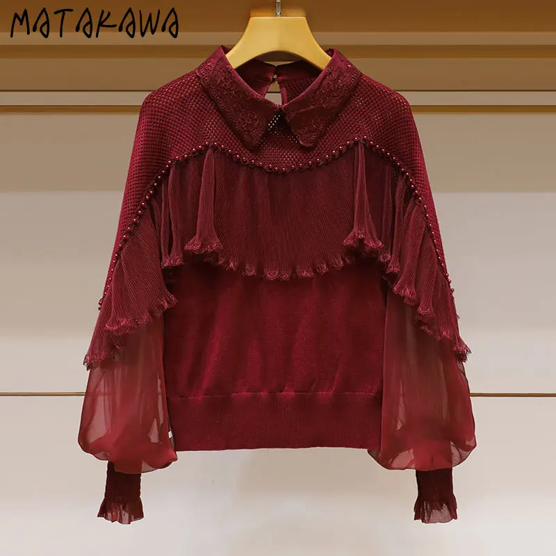 Matakawa Puff Sleeve Mesh Patchwork Women Sweaters Solid Autumn Winter Ruffles Vintage Pull Femme Vintage Loose Knitwears