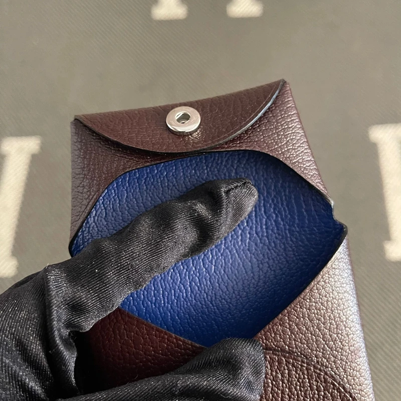 Genuine Leather Goat Skin  Blue Small Square Bag Button Coin Purse Document Bag Uke Wood Color Splicing Practicality