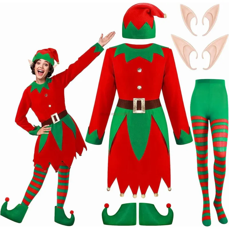 Christmas Elf Women Girl Costumes Long Sleeve Dress And Belt Hat Shoes Striped Stockings Party Role-playing Cosplay Dropshipping