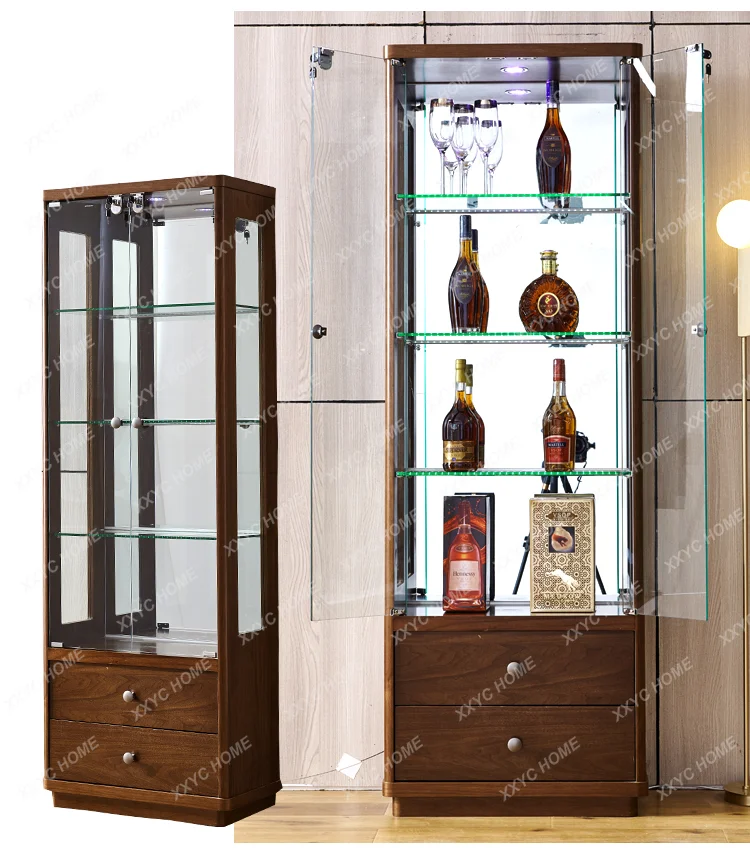 New Chinese wine cabinet Modern simple double-open glass door display Household integrated dining room storage against the wall