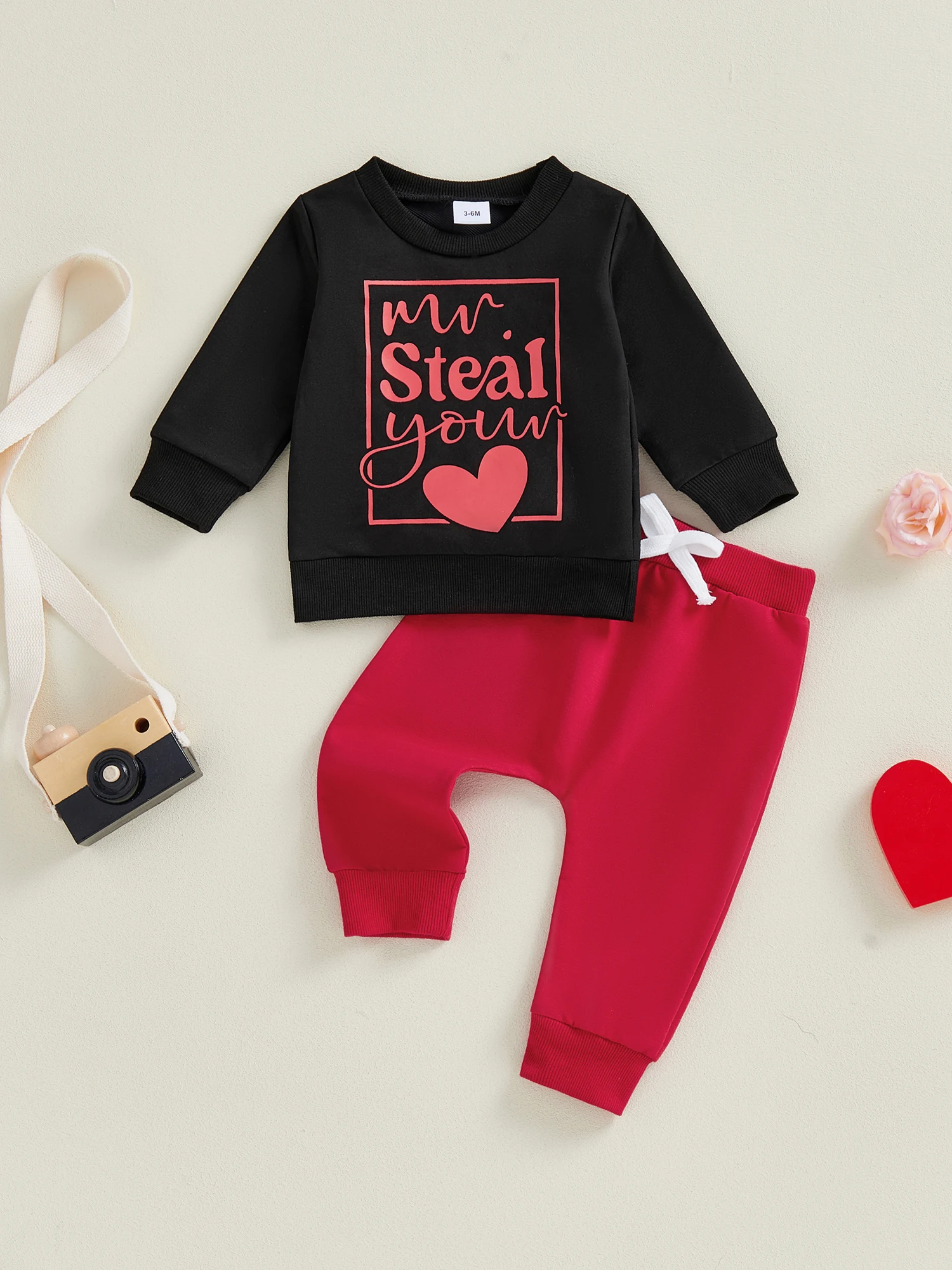ملابس عيد الحب للفتيات الصغيرات بأكمام طويلة وطبعة قلب، مجموعة سراويل علوية للأطفال، مجموعة ملابس بنمط قلب الحب