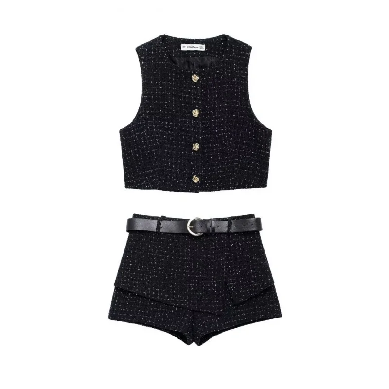 

2025Autumn fashion Textured Short Vest+New Trendy Women's Textured Skirt Pants with Belt