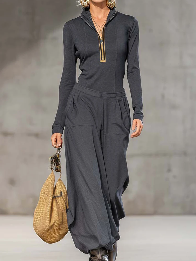 

Женский пуловер на молнии с воротником-стойкой, топ из 2 предметов, осенние однотонные лоскутные элегантные одинаковые комплекты, повседневные женские костюмы с длинными рукавами