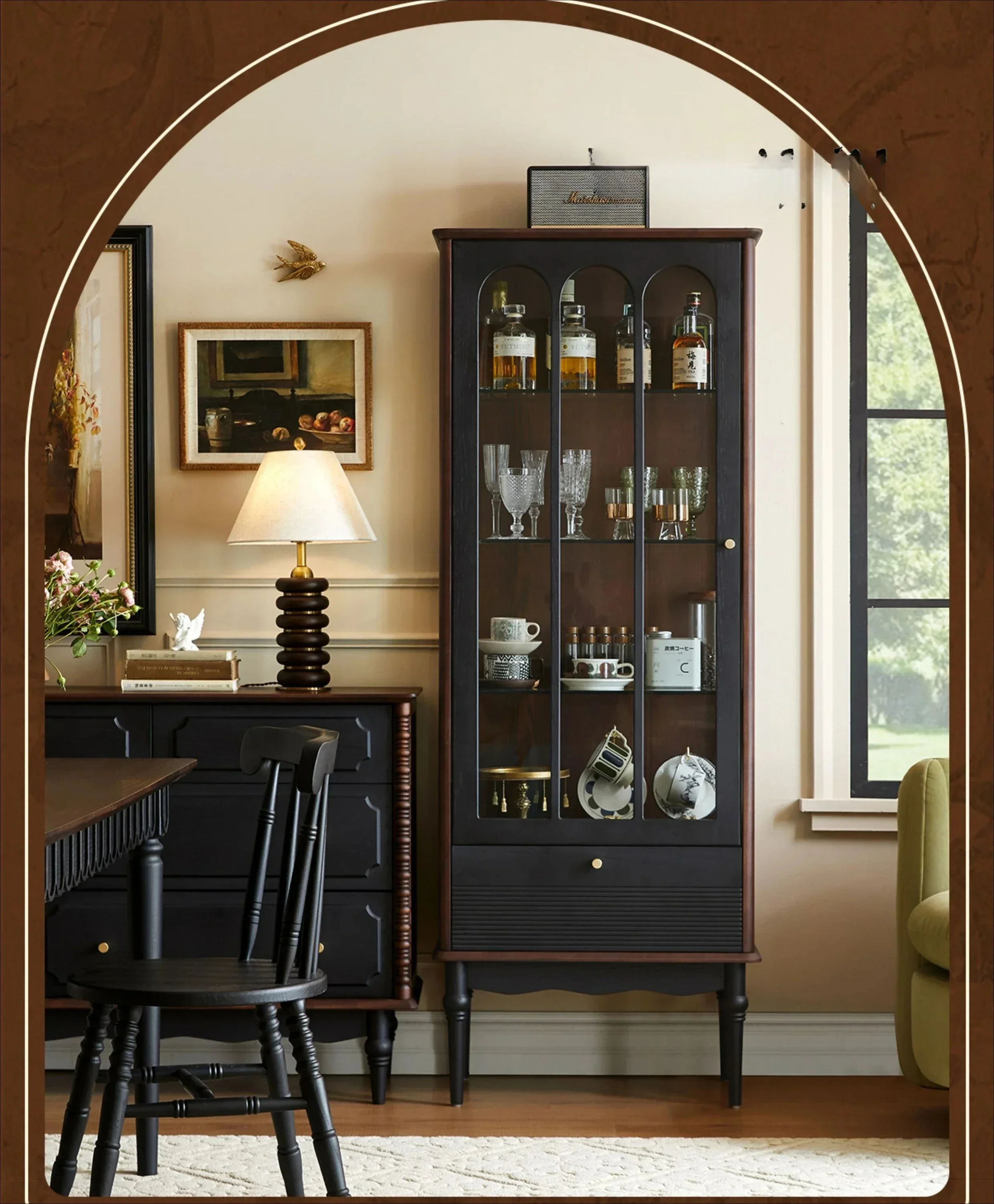 American side storage solid wood French retro black high-end living room bookcase locker