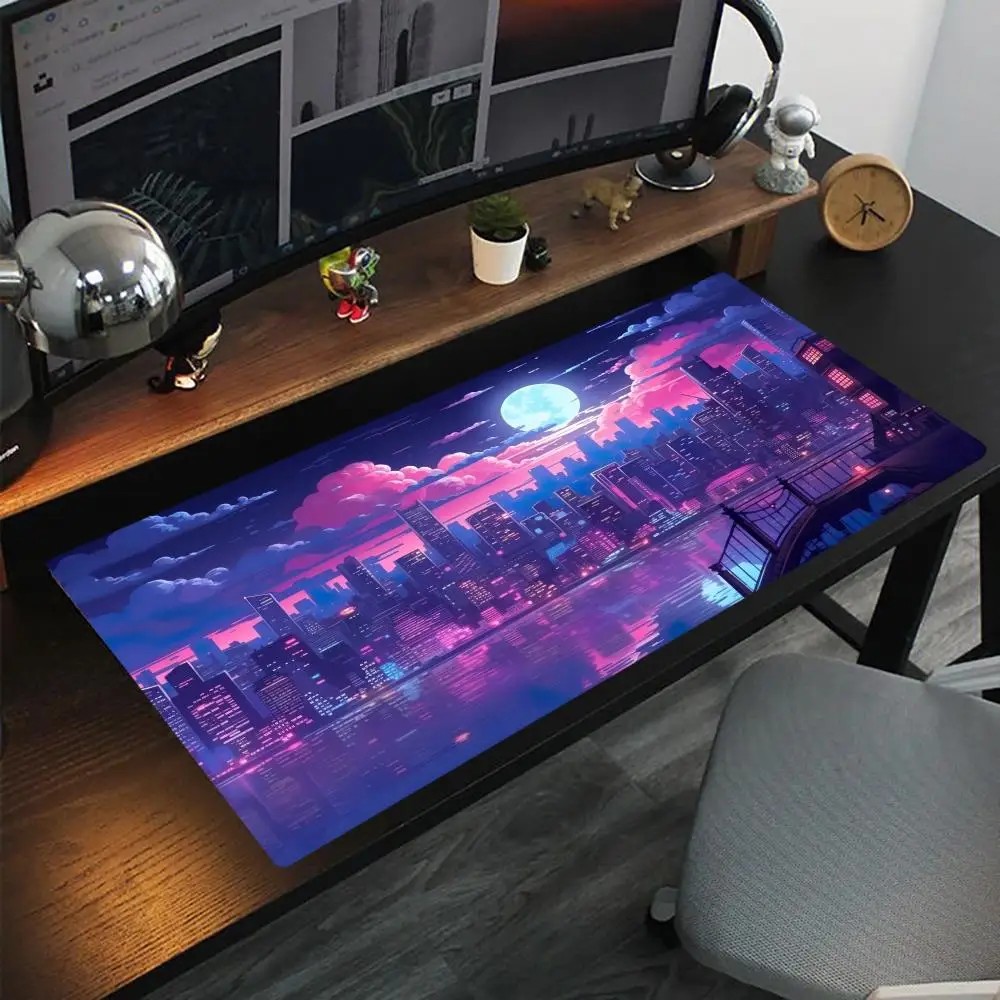 

Неоновый город на лунной ночи. Нескользящий моющийся коврик для мыши с резиновым дном, подходящий для работы, игр и офиса. Коврики для мыши.