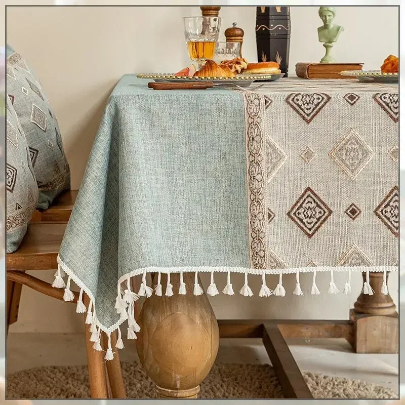 

Rectangular Plaid Jacquard Linen Tablecloth with Tassel, Table Cover, European Style, Retro Coffee, Dining Table Cloth, 135cm