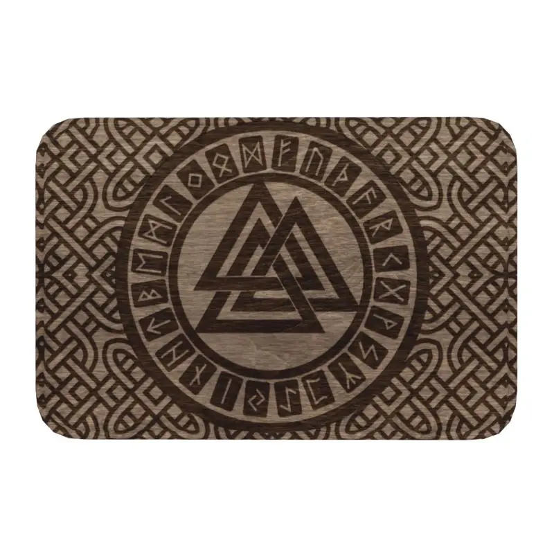 

Valknut Symbol And Runes On Wood Front Door Mat Outdoor Waterproof Norse Viking Odin Doormat Kitchen Bedroom Entrance Rug Carpet