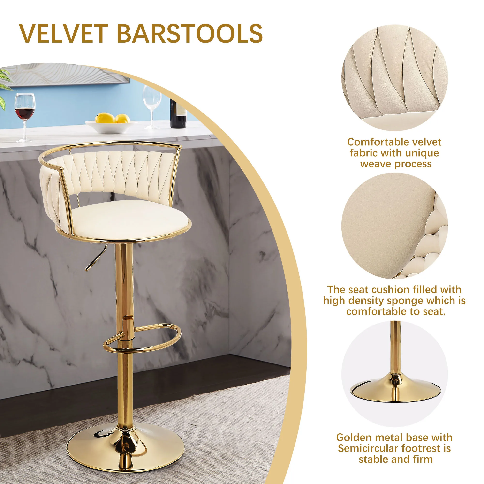 Sgabello da Bar moderno da 2 pezzi con schienale, sgabelli da Bar piccoli regolabili in altezza, tessitura in velluto e sgabello da bancone in