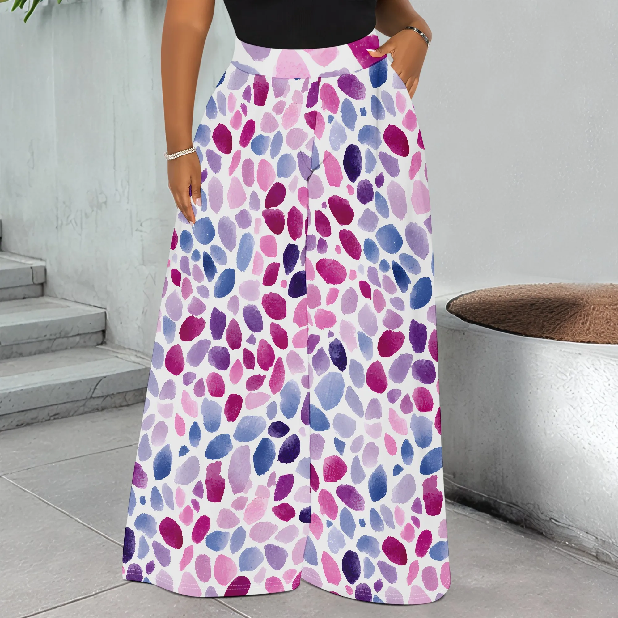 Abstract Watercolor Print, Wide Leg Pants with Pockets, Loose Fit Trousers for Women, Casual Beach Vacation Wear, S-3XL