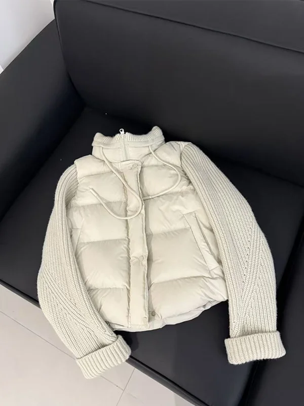 

Модная хлопковая куртка с воротником-стойкой и вязаными рукавами в стиле пэчворк, женское повседневное стильное зимнее пальто в корейском стиле, свободный крой