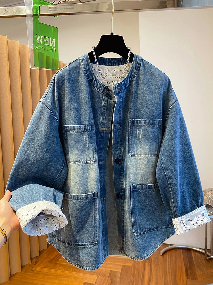 

Джинсовый джинсовый тюнер в стиле ретро, женский весенне-осенний свободный круглый кружевной смысловый топ, модный корейский топ большого размера из смеси хлопка