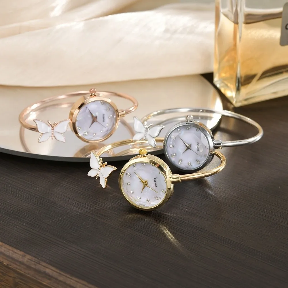 Mother of Pearl Dial Butterfly Bangle Watch Butterfly Motif Dainty Design Open Cuff Wristwatch Open Cuff Quartz Movement