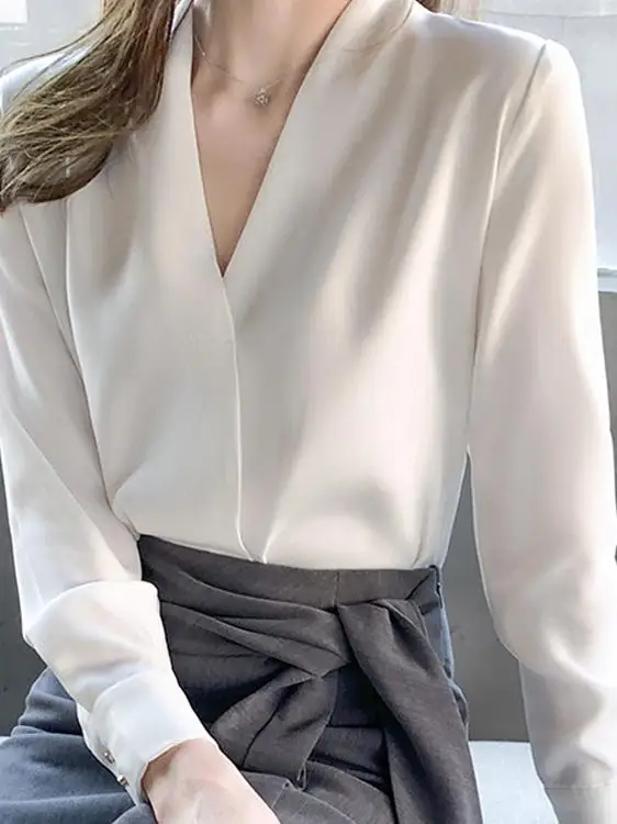 بلوزة Ele Summer White irt النسائية المضادة للتجاعيد ذات ملمس راقي من الشيفون V-Ne Profional ort Sve #1