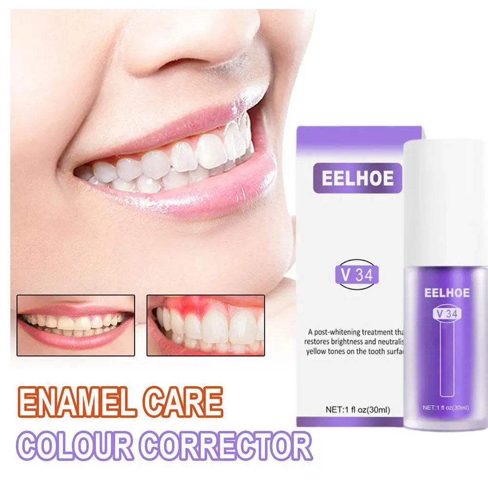 V34 Teeth Whitening Purple Toothpaste Remove Teeth Stain Brightening Whitening Essence Fresh Breath Color Corrector Oral Care