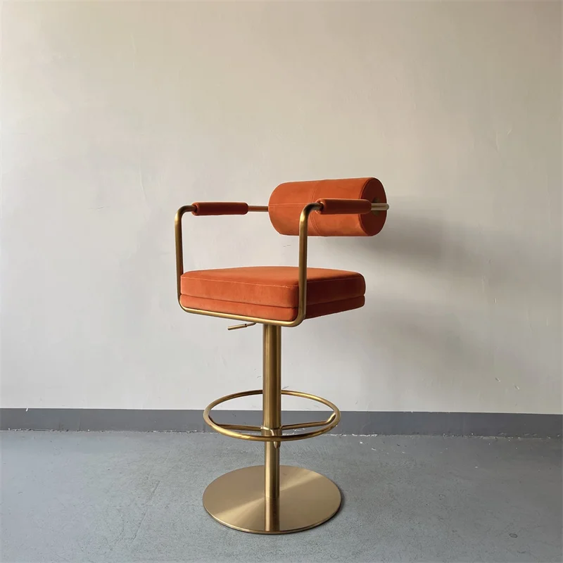 //Luxury Restaurant Modern Wobble High Bar Stools Kitchen Golden Metal Gold Base Velvet Retro Orange Swivel Bar Chair With Back