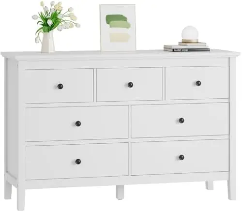 White Dresser for Bedroom, 7 Drawer Dresser with Wide Drawers and Metal Handles, Wood Dressers & Chests of Drawers for