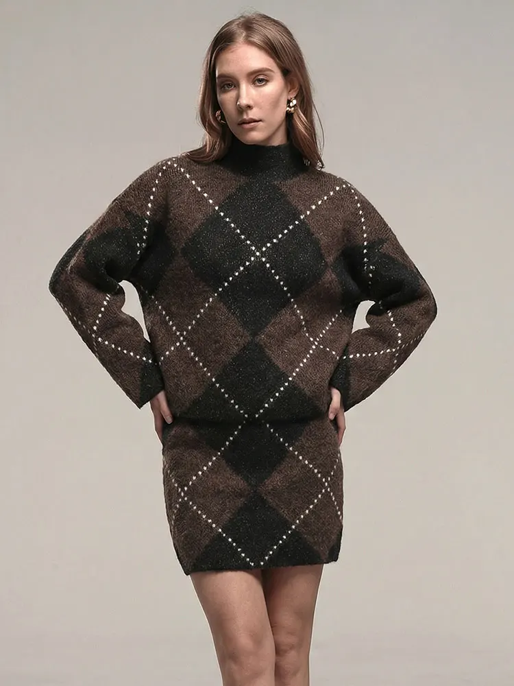 

Комплекты из трикотажных мини-юбок и свитеров с воротником-стойкой в стиле аргайл для женщин, весна 2026, повседневный, Y2K, элегантный, модный, уличный стиль