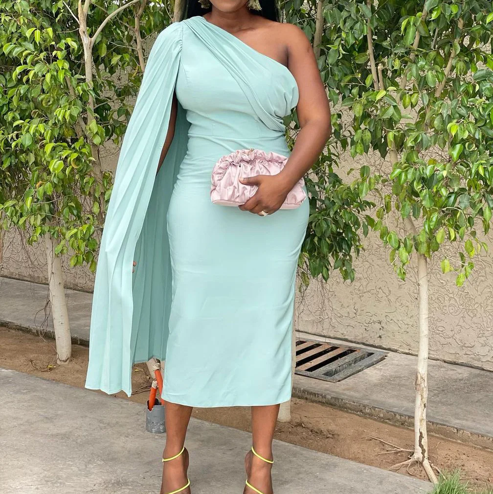 Women's Autumn Fashion Slant Shoulder Solid Color Pleated High Waist Tight Dress African Dress