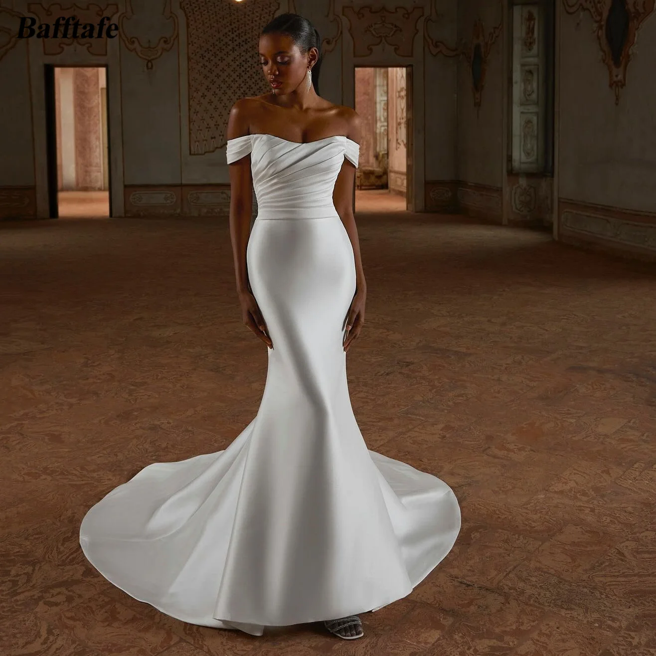 

Bafftafe Mermaid Satin Wedding Dresses Customized Off The Shoulder Pleat Bridal Gowns Long Bride Wedding Photography Dress