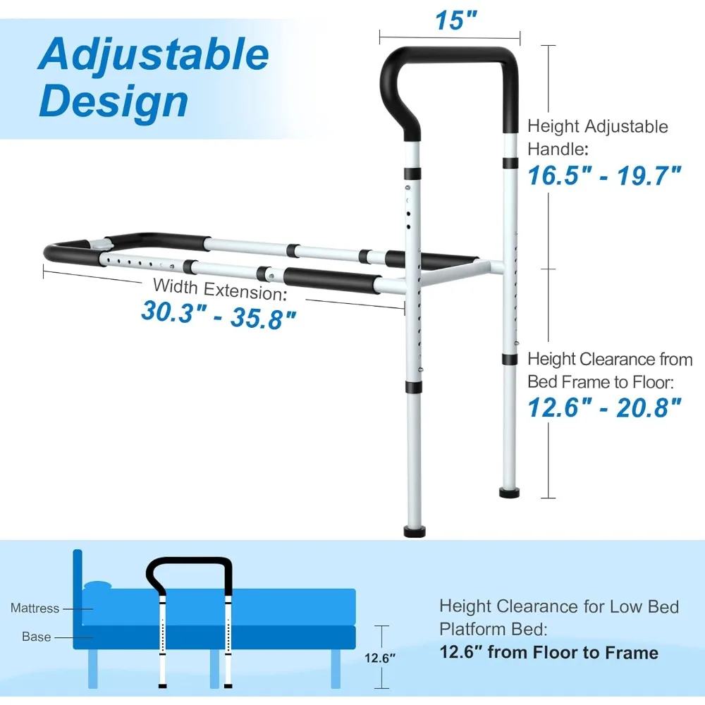 Bed Rails for Elderly Adults- Adjustable Bed Cane with Non-Slip Ergonomic Handle and Storage Pocket, Stable Bed Assist Rails