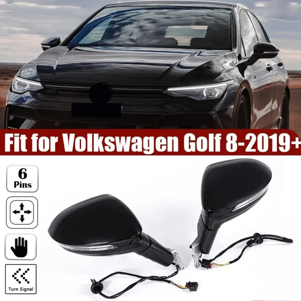 For VW Golf MK8 2020-2025 Wing Mirror Electric Heated Gloss Black 6 Pin 2 Pcs Car Side Rearview  Mirror Assembly