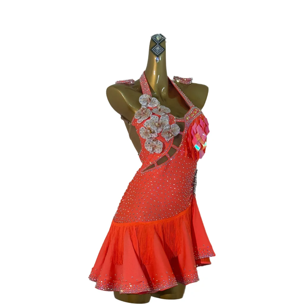 ملابس رقص اللاتينية AB Stone الإناث الكبار الأطفال الراقية مخصص الجوف زهرة فستان شرابة تنورة سوداء بركة فستان السامبا