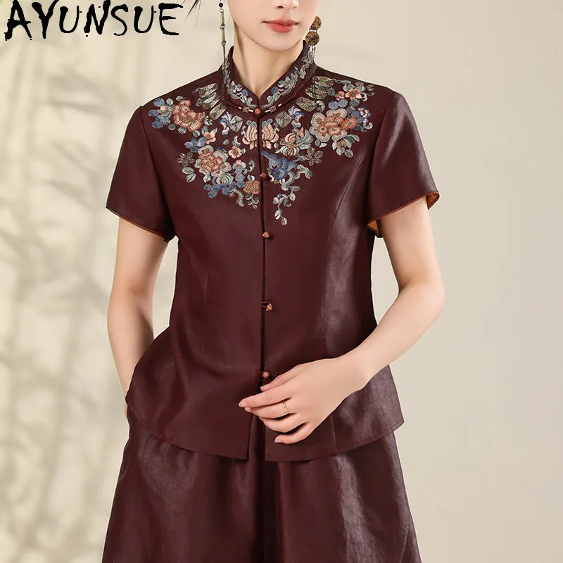 AYUNSUE 100% Mulberry Silk Shirts for Women Chinese Style Blouse Women Summer Exquisite Embroidered Women Tops 2026 Blusas Mujer