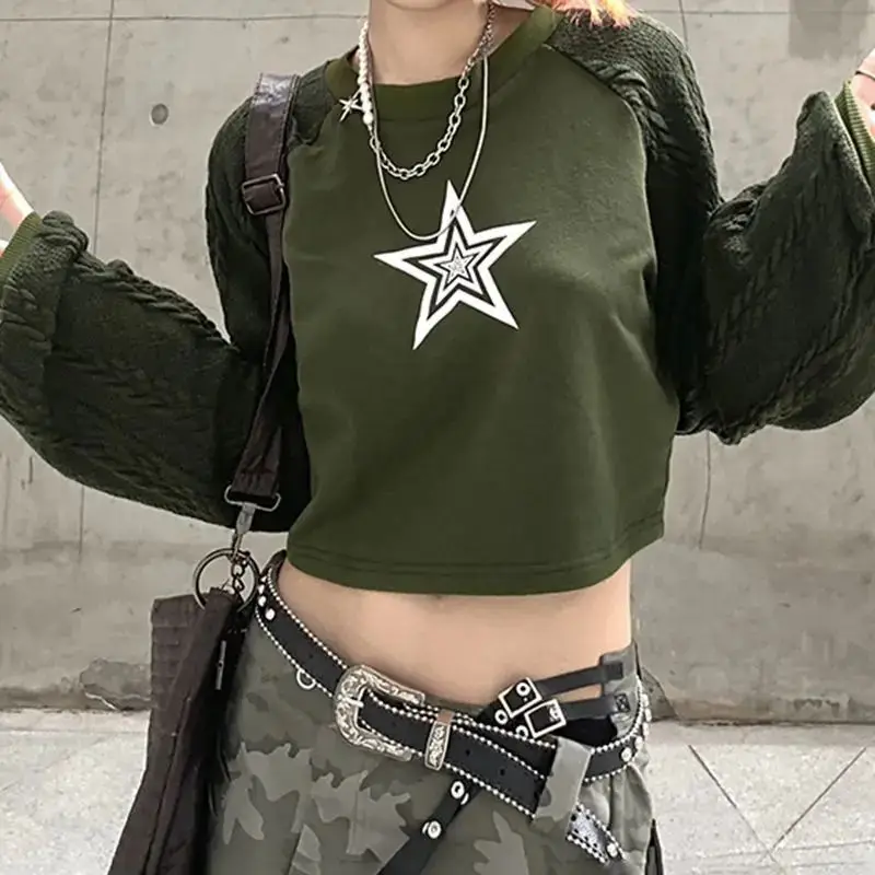 Women Hip Hop Coats Harajuku Casual Loose Hooded Sweatshirt Green T-shirt Patchwork Star Print Hoodie Short Cut With Exposed