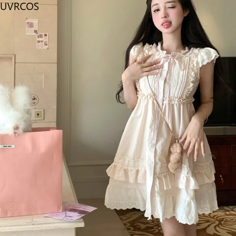 Summer Lace-ups Bow Korea Kawaii Fairy Dress Women France Elegant Party Mini Dresses Chic Flying Sleeve Sweet Cute Ruffles Dress