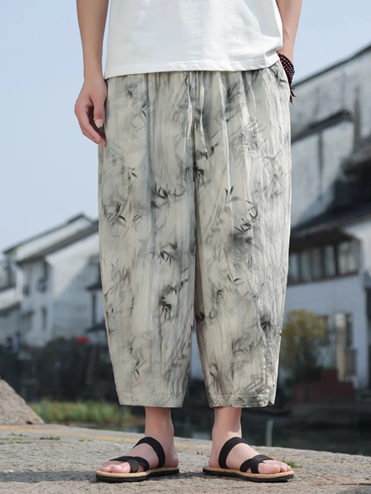 

Новые китайские мужские летние тонкие быстросохнущие повседневные брюки из ледяного шелка, прямые, свободные, длиной 7/8, дышащие, свободного кроя